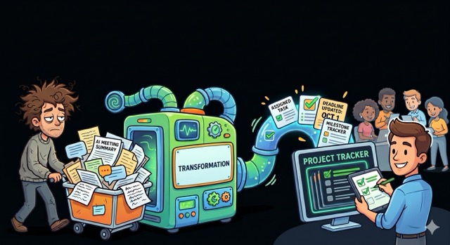Unstructured meeting documents going through a transformation pipeline into a structured project tracker