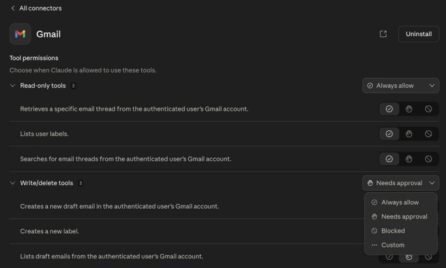 Claude's Gmail connector settings showing read-only and write tool permissions
