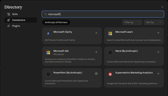 Claude's connector directory showing Microsoft 365 and other integrations