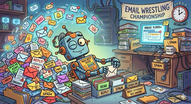 Cartoon robot sorting a flood of emails into labelled folders