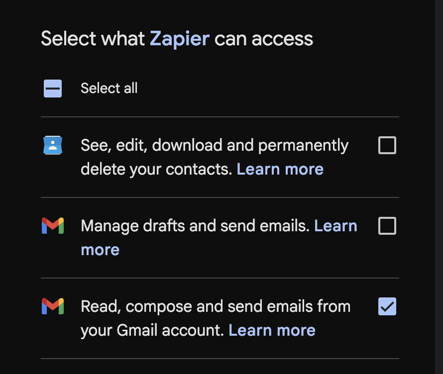 Zapier Gmail OAuth permissions screen with only 'Read, compose and send emails' ticked
